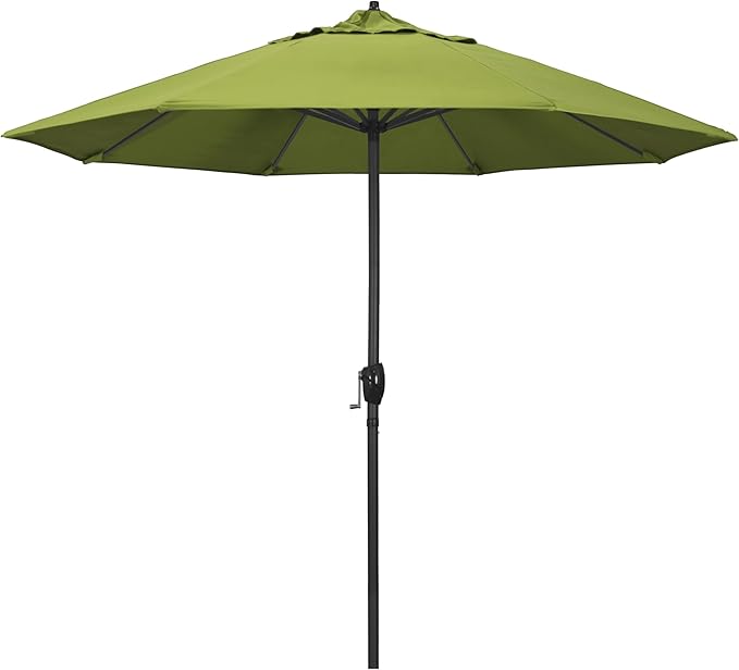 California Umbrella 9' Rd Aluminum Patio Umbrella, Crank Lift, Auto Tilt, Black Finish, Sunbrella Macaw