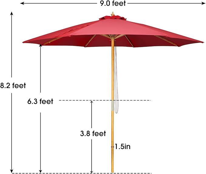 9ft Bamboo Umbrella, Outdoor Patio Umbrella, Waterproof Market Umbrella, 8 Ribs Table Umbrella with Pulley Lift for Garden, Deck, Pool, lawn, Backyard