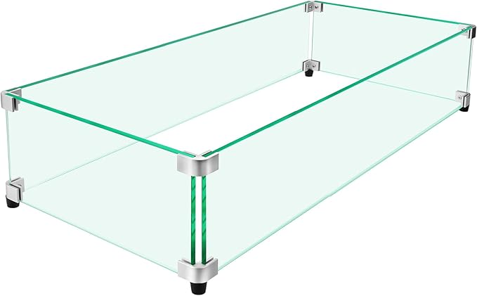 Fire Pit Wind Guard, 31.5" x 14.5" Square Tempered Glass Wind Shield for Firepit & Fire Table, Thick Glass and Easy Installation with Included Tools, Airflow Management for Stable Flame