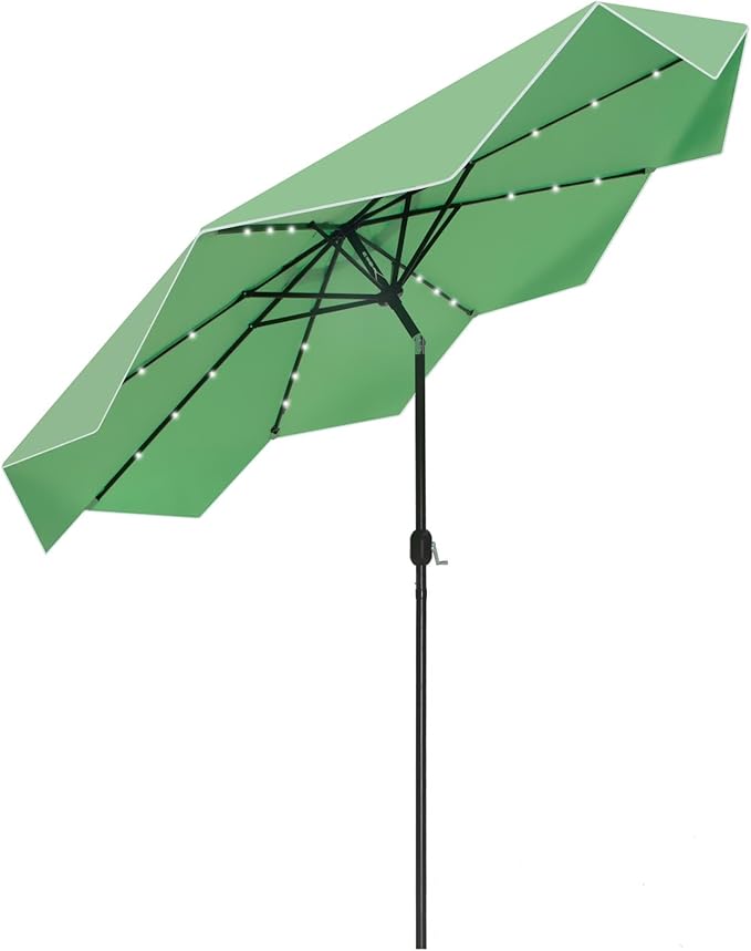 PHI VILLA 9ft Patio Umbrellas with 24 pcs LED Solar Lights, Outdoor Market Table Lighted Umbrella with 8 Steel Ribs, Tilt for UV-Resistant, Lotus Leaf Shape Canopy, Green