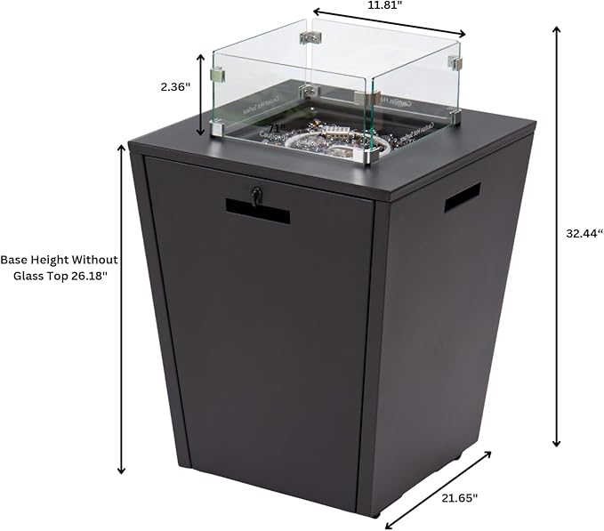 LeisureMod Chelsea 32" Modern Gas Fire Pit Table – 37,000 BTU CSA Certified Propane Steel Outdoor Table with Tempered Glass Wind Guard and Lid for Patio (Black)