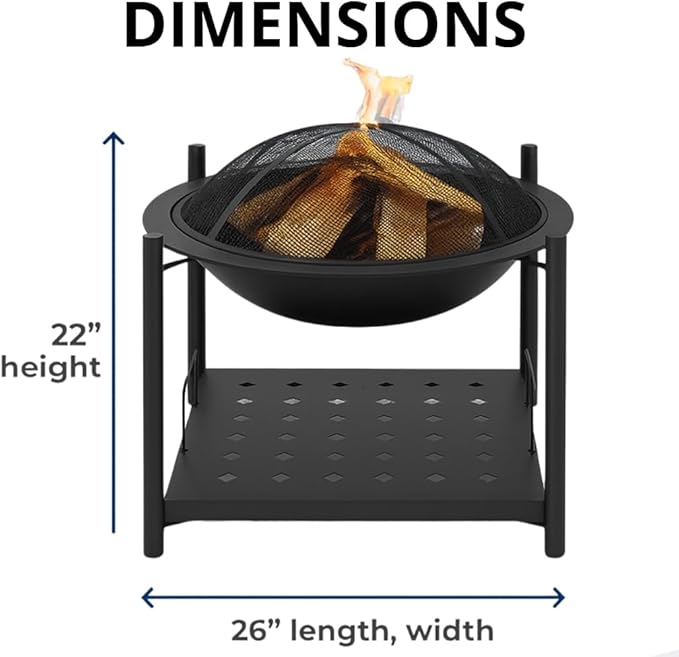 SereneLife 26" Outdoor Wood Fire Pit with BBQ Grill, Mesh Screen, and Wood Storage – Heavy-Duty Steel Frame, Heat-Resistant – Ideal for Bonfires, Camping, and Outdoor Cooking