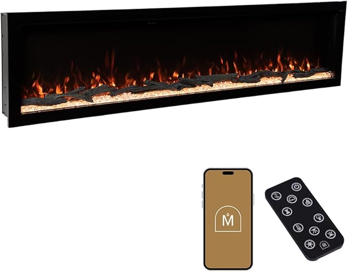 Modern Ember Highmark 100 Inch Smart Linear Electric Fireplace - Premium Flame with 10 Colors, Sleek Hidden Vent Design, Install Recessed in-Wall or Wall-Mount, WiFi Enabled