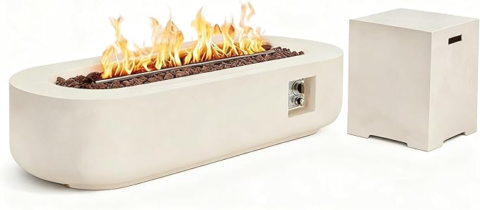 ECOTOUGE 2-Piece Gas Fire Pit, 60''Oval Outdoor Propane Fire Pit Table Set w/Tank Cover, Auto-Ignition Steel Fire Table, 50,000 BTU Concrete Fire Pit w/Weather-Resistant Pit Cover, Lava Rocks, White