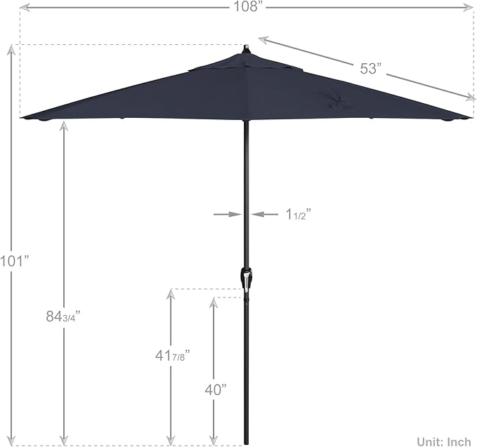 California Umbrella 9' Rd Aluminum Patio Umbrella, Crank Lift, Auto Tilt, Black Finish, Sunbrella Indigo