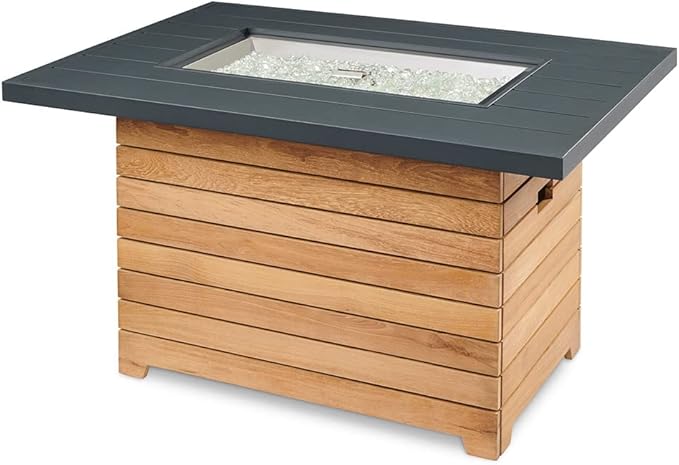 Outdoor GreatRoom Co Propane Fire Pit Table - Darien Gas Fire Pits for Outside Patio - 44 Inch Rectangular Everblend Concrete Firepit Fire Table, Wood Base, Glass Tabletop Cover, 55,000 BTU - Black
