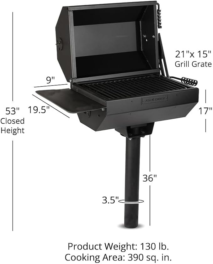 Ash & Ember Park-Style Grill & Smoker, 390 Sq. In Charcoal Grill with Cover, Side Shelf for BBQ Cooking Prep & Accessories, Single Post Barbeque Grill, Outdoor Grills & Smokers