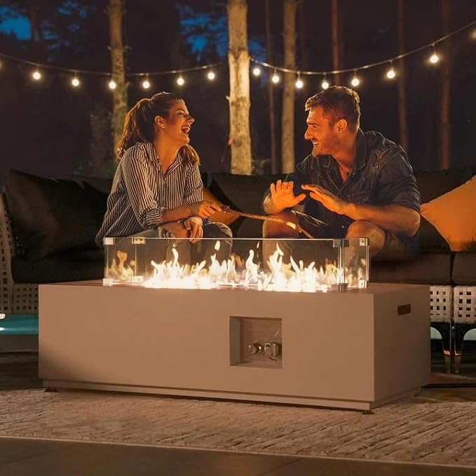 NICESOUL 42'' Rectangle Outdoor Gas/Propane Firepit Table, 50,000 BTU Low Profile Modern Fire Pit with Tank Storage & Windguard& Cover & Glass Rocks for Patio Outside, CSA Certified, Greyish White