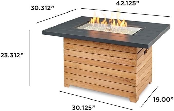 Outdoor GreatRoom Co Propane Fire Pit Table - Darien Gas Fire Pits for Outside Patio - 44 Inch Rectangular Everblend Concrete Firepit Fire Table, Wood Base, Glass Tabletop Cover, 55,000 BTU - Grey