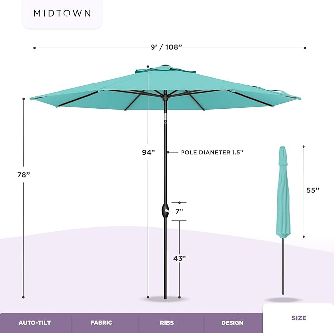 Midtown Umbrellas Sunbrella Umbrella 9 Feet Outdoor Umbrella With Canvas Capri Acrylic Fabric - Auto-Tilt Aluminum Frame Patio Umbrella For Backyard, Deck, Garden, Pool - Black Pole