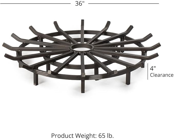 Ash & Ember 36" Wagon Wheel Fire Grate, High-Efficiency Smoke-Free Fireplace Log Grate, Decorative Wood Burning Lifted Grate Pit, Sandblasted Steel with Light Oil Coating