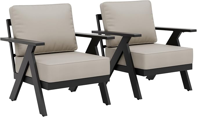 Urban Anvil 2 Pieces Patio Furniture Outdoor Metal Armchairs, All-Weather Patio Accent Chairs with Cushions for Balcony, Porch, Deck, Black/Beige