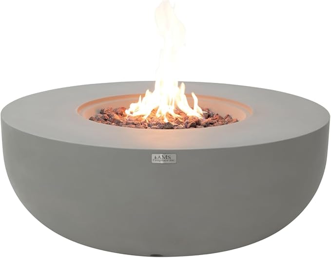 AMS Creations | Eclipse 44" Round Cast Concrete Natural Gas Fire Pit Bowl Table | Light Gray | Smooth Texture Surface | Electronic Ignition | Outdoor Patio Heater Outside Backyard Fireplace