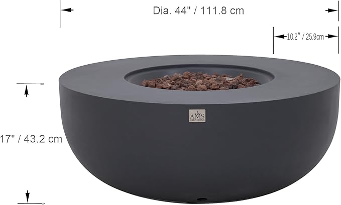 AMS Creations | Eclipse 44" Round Cast Concrete Natural Gas Fire Pit Bowl Table | Dark Gray | Smooth Texture Surface | Electronic Ignition | Outdoor Patio Heater Outside Backyard Fireplace