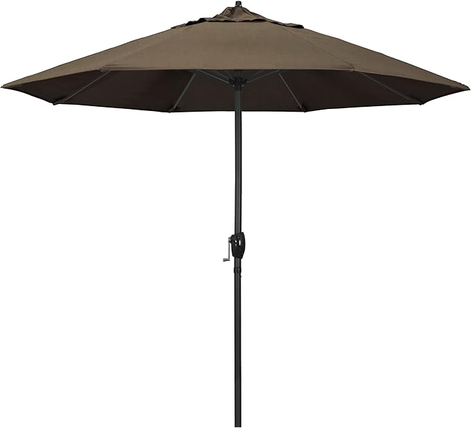 California Umbrella 9' Rd Aluminum Patio Umbrella, Crank Lift, Auto Tilt, Black Finish, Sunbrella Taupe