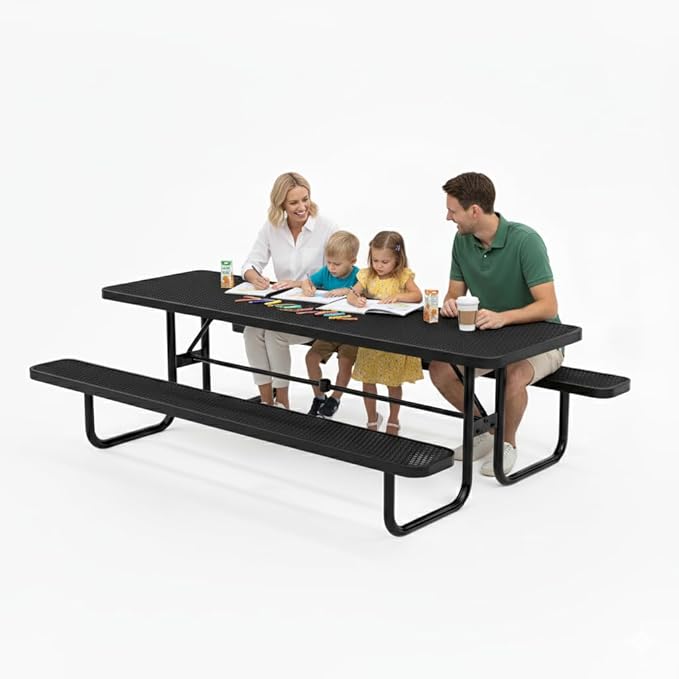 Commercial Heavy-Duty Metal Picnic Table - ADA Compliant, Adjustable Seats, Umbrella Hole, Expanded Metal (Black, 8' Rectangular)