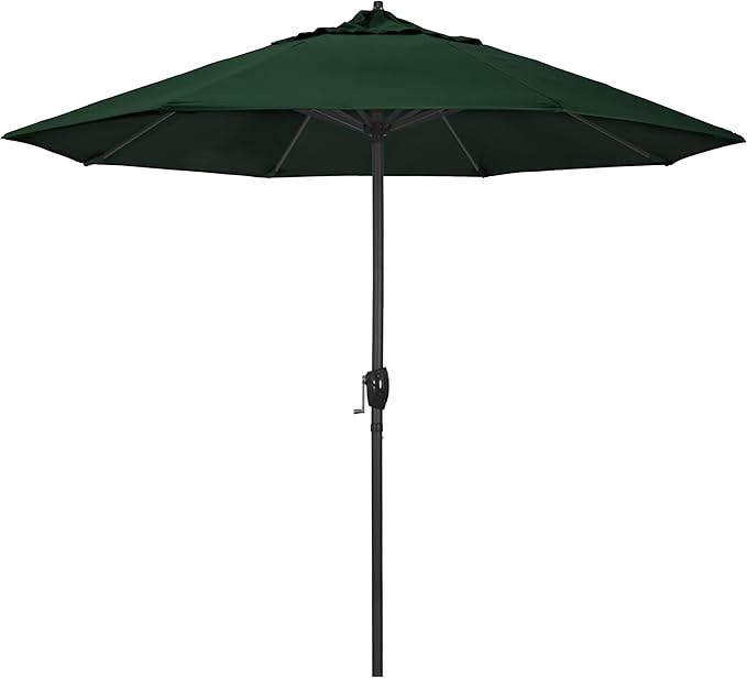 California Umbrella 9' Rd Aluminum Patio Umbrella, Crank Lift, Auto Tilt, Black Finish, Sunbrella Forest Green