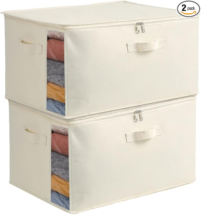 2 Pack Large Canvas Comforter Storage Bags Closet Organizer for Clothes Sweater Clothes Organizer with Dual Zipper Three Carrying Hand
