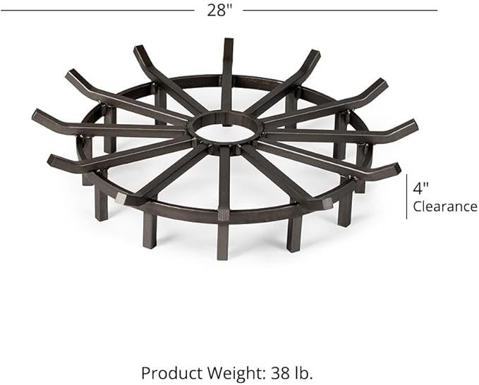 Ash & Ember 28" Wagon Wheel Fire Grate, High-Efficiency Smoke-Free Fireplace Log Grate, Decorative Wood Burning Lifted Grate Pit, Sandblasted Steel with Light Oil Coating