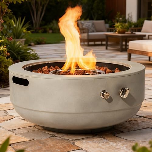 24" Propane Fire Pit, 50000 BTU Round Steel with Durable Concrete Gray Finish, Outdoor Fire Pit Bowl Coffee Table, Smokeless Fire Pits for Outside Patio Deck Garden Backyard, Home Essentials, Grey
