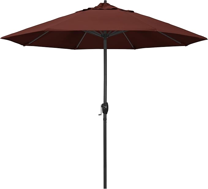 California Umbrella 9' Rd Aluminum Patio Umbrella, Crank Lift, Auto Tilt, Black Finish, Sunbrella Henna