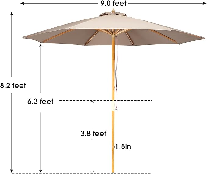 9ft Bamboo Umbrella, Outdoor Patio Umbrella, Waterproof Market Umbrella, 8 Ribs Table Umbrella with Pulley Lift for Garden, Deck, Pool, lawn, Backyard