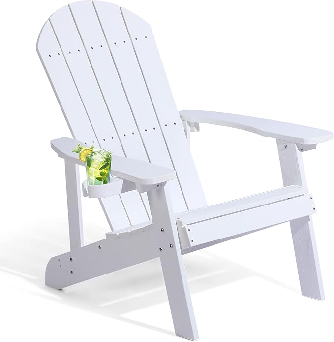 Adirondack Chair, All Weather Resistant Plastic Chairs with Cup Holder, 5 Easy Steps to Install, Outdoor Chairs for Patio, Garden, Backyard Deck, Lawn, Fire Pit - White