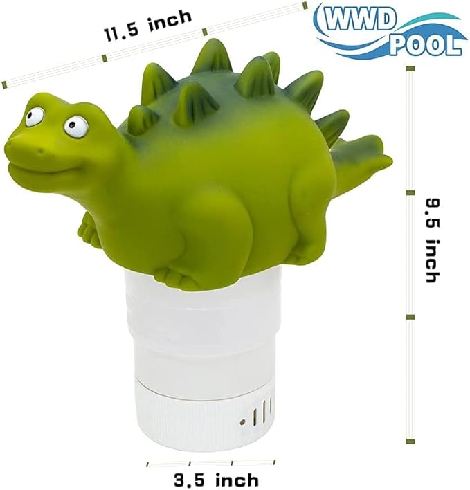 WWD POOL Pool Chlorine Floater, Floating Pool Chlorine Dispenser (Green Dinosaur), Fits 1 and 3 Inch Tablets for Large and Small Pools, Spa, Hot Tub
