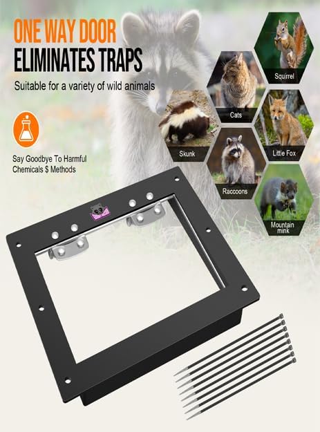 Raccoon One Way Eviction Door - Raccoon Trap Contactless Excluder for Outdoor Spaces Like Attics, Chimneys & Under Decks. Fast Results, Easy DIY Installation Large