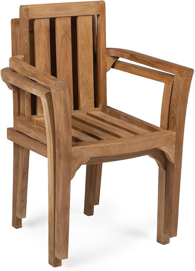 TITAN GREAT OUTDOORS Ash & Ember Sage Grade A Teak Classic Stacking Armchairs, Weather Resistant Premium Solid Wood Patio Lounge Chair with Intricate Back Support (4 Pack)