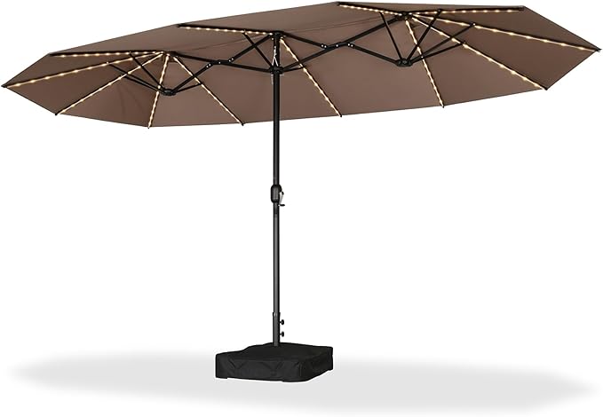 PURPLE LEAF 14ft Patio Market Umbrella with Solar LED and Base Double-Sided Rectangle Outdoor Table Sun Umbrellas with Crank for Pool Beach Deck Backyard Taupe