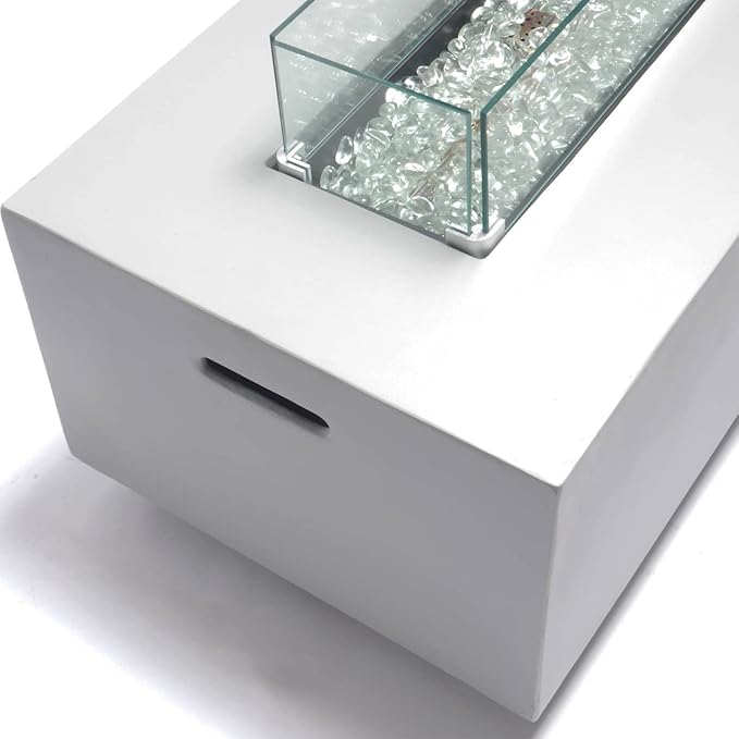 Bluegrass Living 42 Inch x 15 Inch Rectangular MGO Propane Fire Pit Table with Side Table Tank Storage, Glass Wind Guard, Crystal Glass Beads, Fabric Cover - Model# DFT42R-CG
