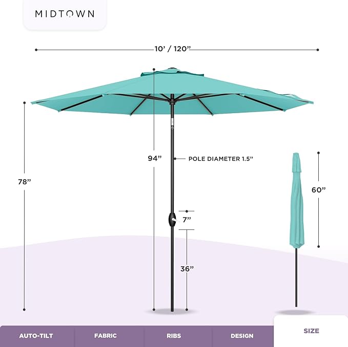 Midtown Umbrellas Sunbrella Umbrella 10 Feet Large Outdoor Umbrella With Sunbrella Black Acrylic Fabric - Auto-Tilt Aluminum Frame Large Patio Umbrella For Backyard, Deck, Garden, Pool - Black Pole
