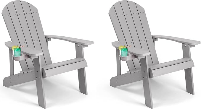 Adirondack Chairs Set of 2, All Weather Resistant Plastic Chairs with Cup Holder, 5 Easy Steps to Install, Outdoor Chairs for Patio, Garden, Backyard Deck, Lawn, Fire Pit - Grey