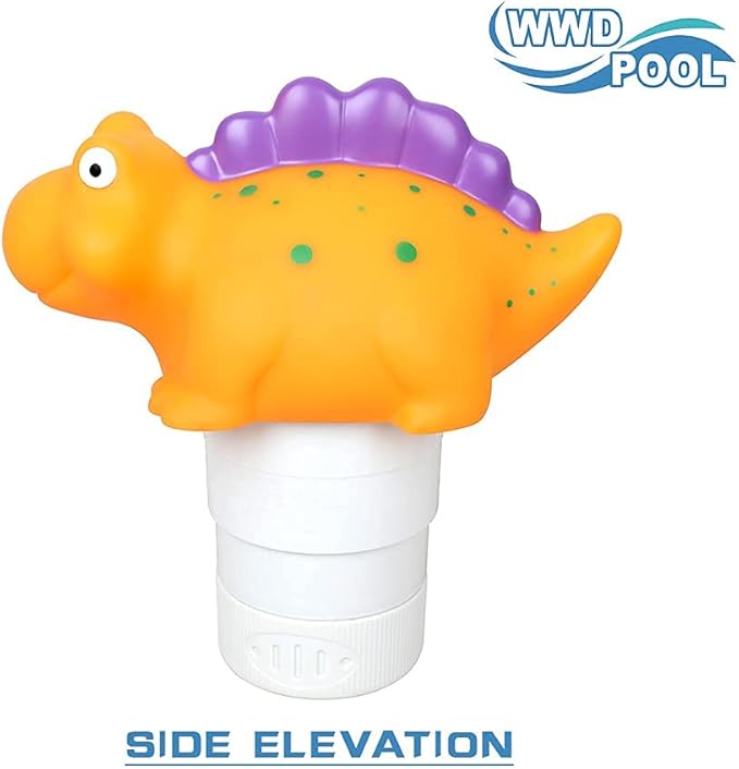 WWD POOL Pool Chlorine Floater, Floating Pool Chlorine Dispenser (Yellow Dinosaur), Fits 1 and 3 Inch Tablets for Large and Small Pools, Spa, Hot Tub