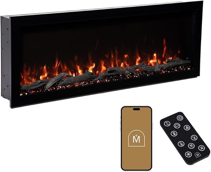 Modern Ember Highmark 50 Inch Smart Linear Electric Fireplace - Premium Flame with 10 Colors, Sleek Hidden Vent Design, Install Recessed in-Wall or Wall-Mount, WiFi Enabled