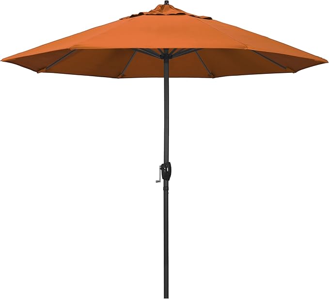 California Umbrella 9' Rd Aluminum Patio Umbrella, Crank Lift, Auto Tilt, Black Finish, Sunbrella Tuscan