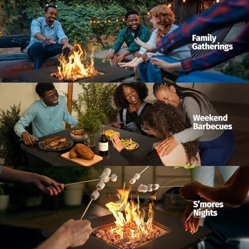 EAST OAK 32" Outdoor Propane Fire Pit Table | 52,000 BTU Gas Fire Pit Table for Outside with Magnetic Lid | Storage Basket & Lava Rocks | CSA Certified for Patio, Garden & Backyard | Black