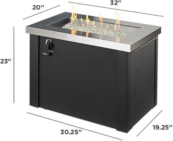Outdoor GreatRoom Co Propane Fire Pit Table - Providence Gas Fire Pits for Outside Patio - 32 Inch Rectangular Stainless Steel Top Firepit Fire Table, Glass Tabletop Cover, Metal Base, 55,000 BTU
