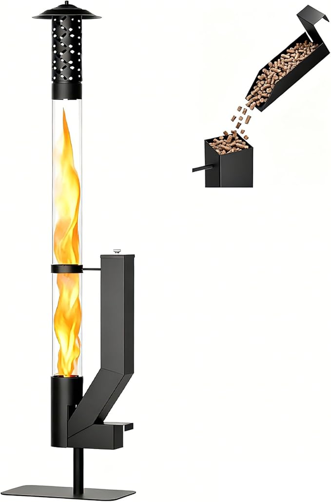DoCred Patio Pellet Heater, 61.8" H Wood Pellet Heaters with Thickened Base, Smokeless Outdoor Glass Fire Tube Heater Metal Fire Pit for Patio, Backyard, Camping, Porch & Garden Outside, Black