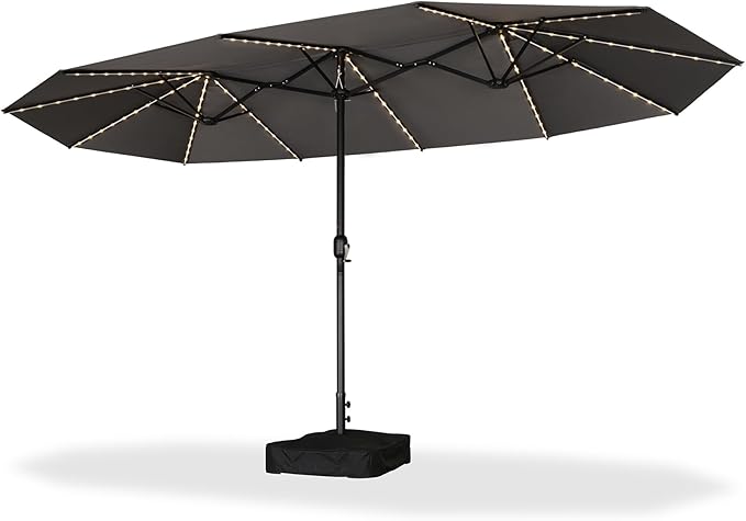 PURPLE LEAF 14ft Patio Market Umbrella with Solar LED and Base Double-Sided Rectangle Outdoor Table Sun Umbrellas with Crank for Pool Beach Deck Backyard Light Gray