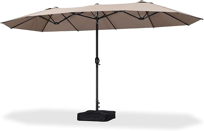 PURPLE LEAF 14ft Patio Market Umbrella with Base Double-Sided Rectangle Outdoor Table Sun Umbrellas with Crank 12 Heavy Duty Sturdy Ribs for Pool Beach Deck Backyard Taupe