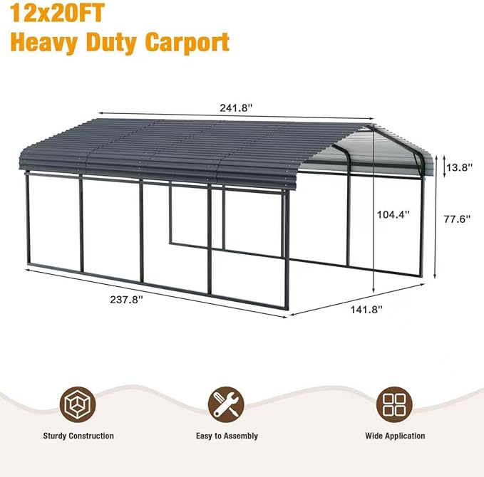 EBE 12 x 20 FT Metal Carport, Heavy Duty Carports with Galvanized Steel Roof, Outdoor Multi-Use Carport Canopy, Garage Car Shelter Shade for Car, SUV, Truck, and Boats
