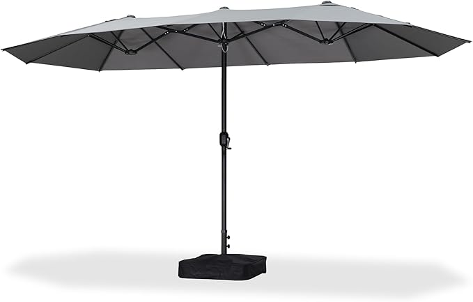 PURPLE LEAF 14ft Patio Market Umbrella with Base Double-Sided Rectangle Outdoor Table Sun Umbrellas with Crank 12 Heavy Duty Sturdy Ribs for Pool Beach Deck Backyard Light Gray