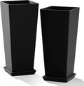 24" Set of 2 Tall Planters, Large Outdoor Flower Pots with Drainage Tray Modern Indoor Tapered Planter for Patio, Garden, Front Porch, Backyard (Black)