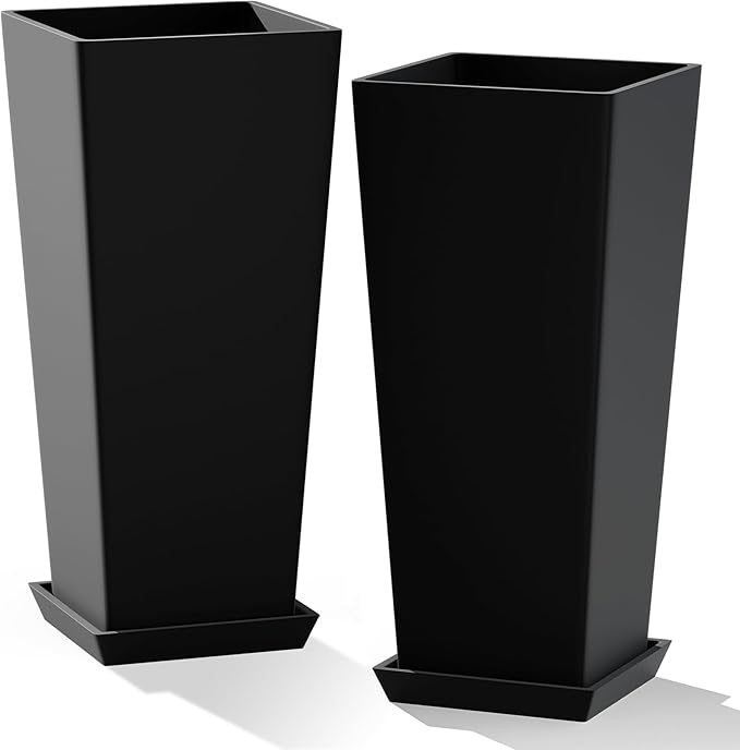 24" Set of 2 Tall Planters, Large Outdoor Flower Pots with Drainage Tray Modern Indoor Tapered Planter for Patio, Garden, Front Porch, Backyard (Black)
