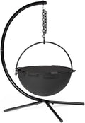 Ash & Ember 30" Cast Iron Cauldron Fire Pit Bowl, Double Hinged Grill Grate with Easy-Lift Handles, Handing Chain and Cauldron Stand, Round Wood Burning Patio Fire Bowl for Backyard Entertainment