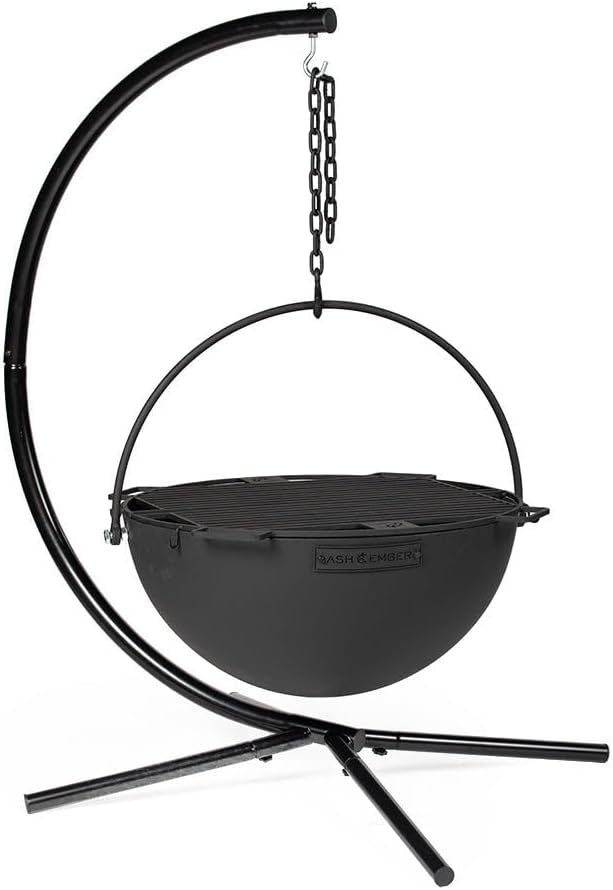 Ash & Ember 30" Cast Iron Cauldron Fire Pit Bowl, Double Hinged Grill Grate with Easy-Lift Handles, Handing Chain and Cauldron Stand, Round Wood Burning Patio Fire Bowl for Backyard Entertainment