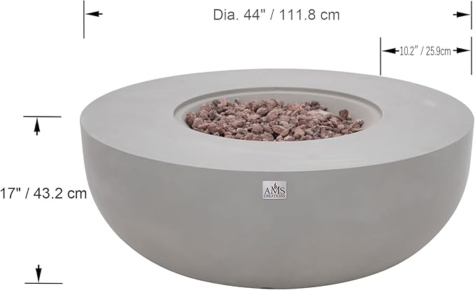 AMS Creations | Eclipse 44" Round Cast Concrete Natural Gas Fire Pit Bowl Table | Light Gray | Smooth Texture Surface | Electronic Ignition | Outdoor Patio Heater Outside Backyard Fireplace
