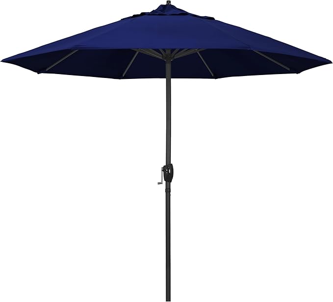 California Umbrella 9' Rd Aluminum Patio Umbrella, Crank Lift, Auto Tilt, Black Finish, Sunbrella True Blue
